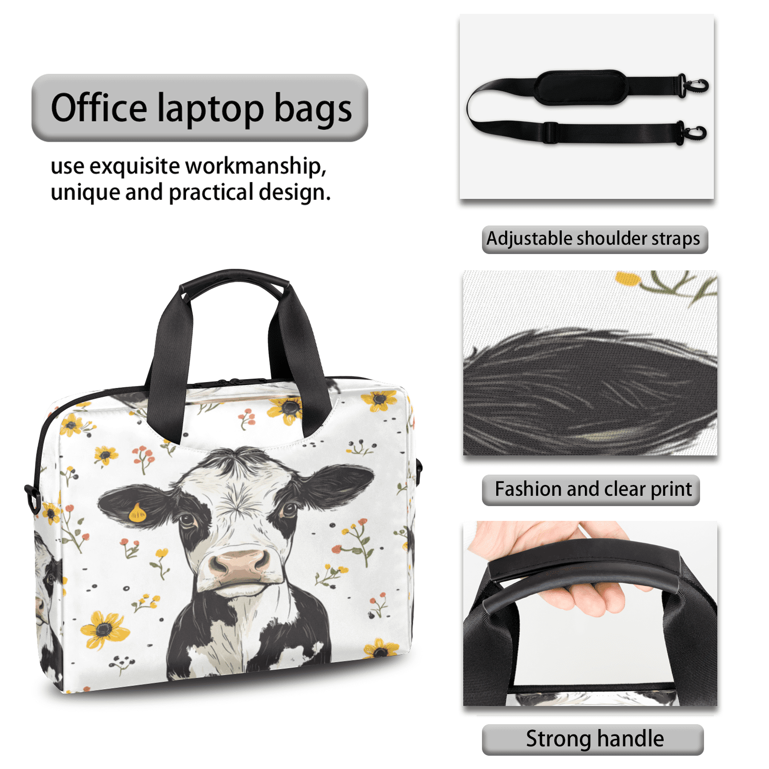 Herdesigns Cow Laptop Bag for Women Men, Computer Case Briefcase Messenger Bags, 15-15.6 inch Laptop Sleeve Shoulder Bag