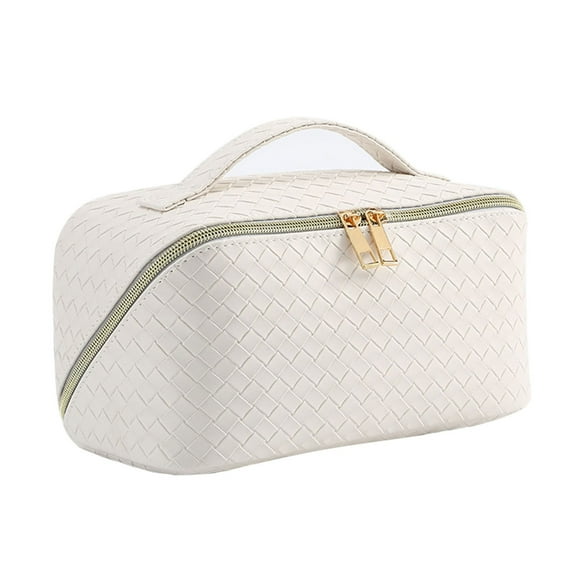 Elegant White PU Leather Makeup Bag Large Capacity Organizer with Handle and Inner Pockets for Travel or Vanity
