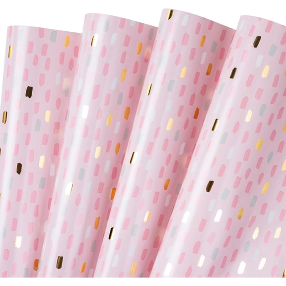 AllWays Plaza Baby Girl Wrapping Paper Sheet - 12 Sheets Foil Pink Brushstroke Design Folded Flat for Girls Birthday, Baby Showers - 19.7 Inch X 30 Inch Per Sheet
