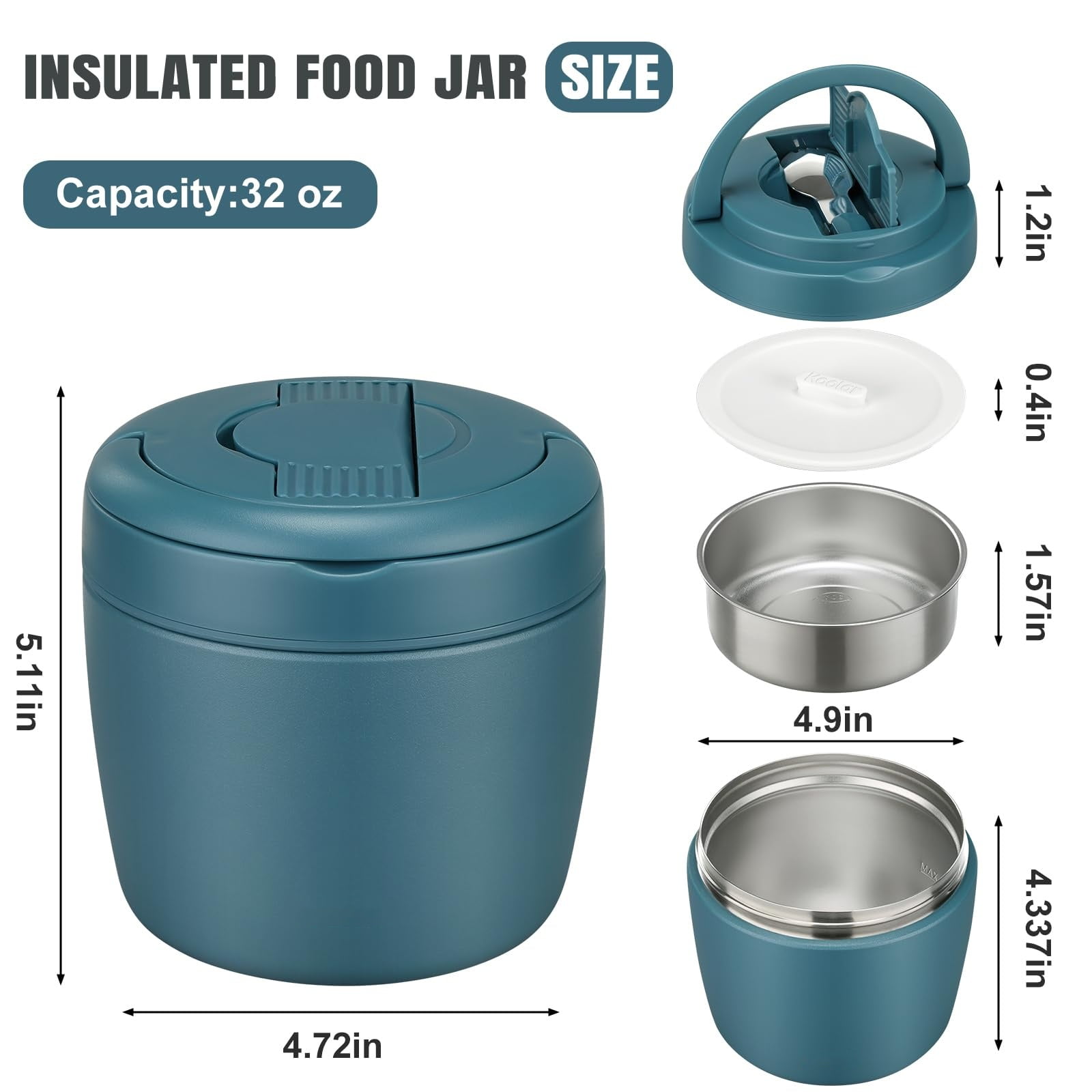 Thermo Food Jar for Hot Food Adults 32OZ Soup Thermo Lunch Containers Wide Mouth Vacuum Insulated Stainless Steel Leakproof Bento Box with Spoon (lake blue)