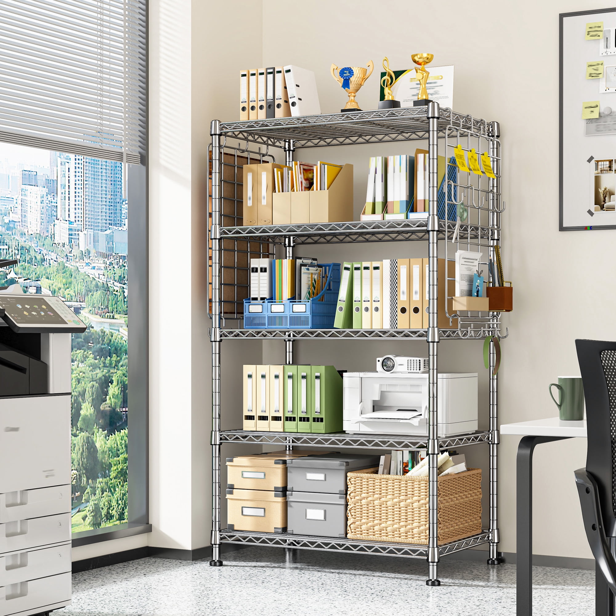 REIBII 5-Tier Adjustable Wire Shelving with Side Hanging Mesh & 12 Hooks,Space Saving Storage Rack for Kitchen Pantry,Office,Garage & Bathroom,Chrome