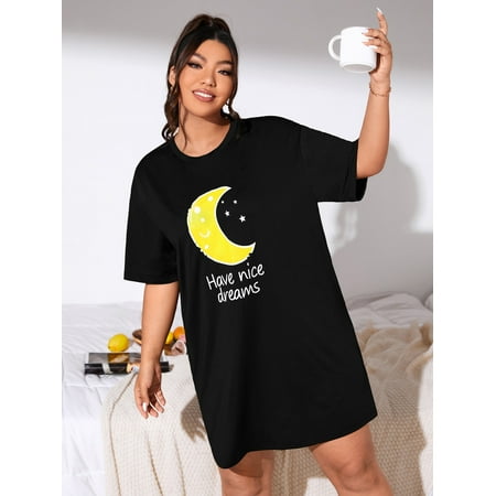 

Black Cute Women s Plus Slogan Moon Print Drop Shoulder Night Dress 1XL(14) Y22001D