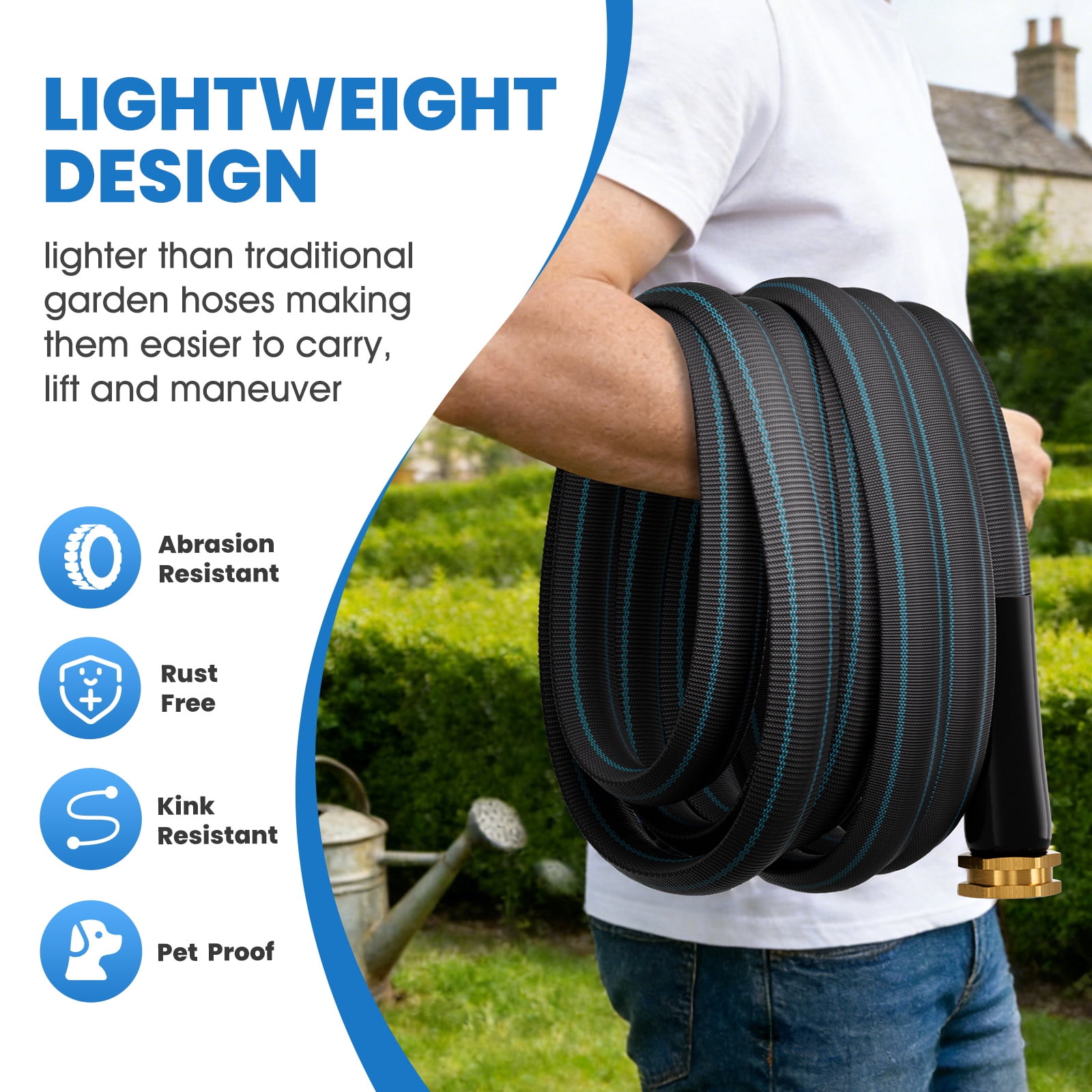 Haeteir 50ft Non-Expanding Garden Hose, Lightweight & Kink-Free, Flexible Heavy Duty Water Hose for Lawn, Yard, Car Washing (3/4" Solid Brass Fittings, Crush-Resistant)
