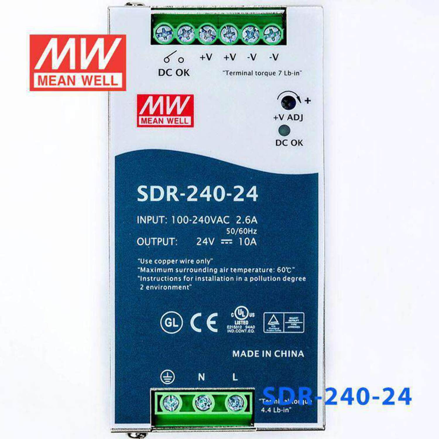 Mean Well SDR-240-24 Single Output Industrial Power Supply 240W 24V - DIN Rail