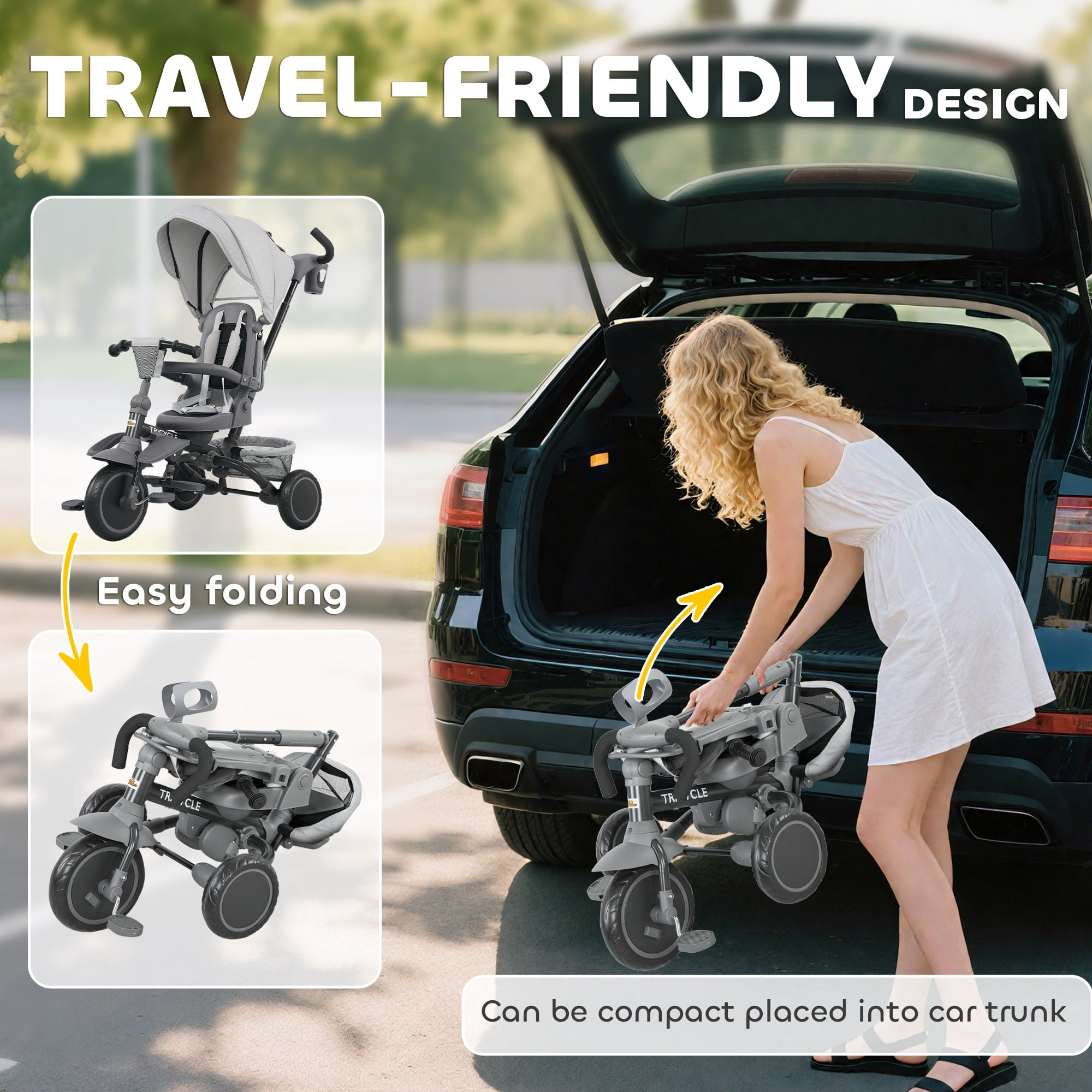 Qaba 6 in 1 Kids Tricycle with Adjustable Push Handle, Foldable Bike Stroller with Removable Canopy, Reversible Seat, for 1-5 Years, Gray