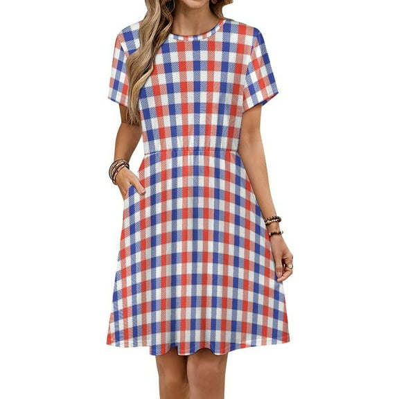 White Red Blue Tartan Plaid Sundress Short Sleeve Dress Summer Women Clothes Dress for Women Dresses