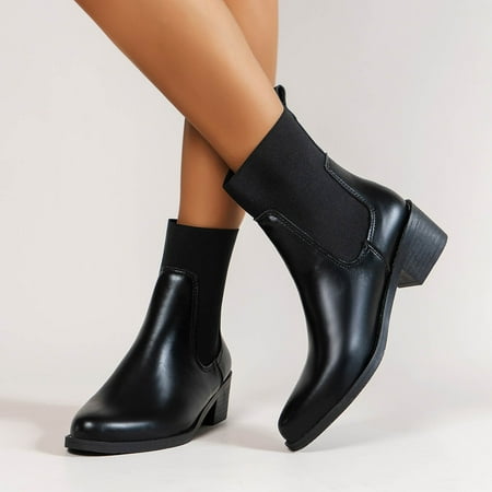 

ERTUTUYI Ladies Fashion Solid Color Stretch Cloth Splicing Leather Pointed Thick Heel Short Boots Black 38