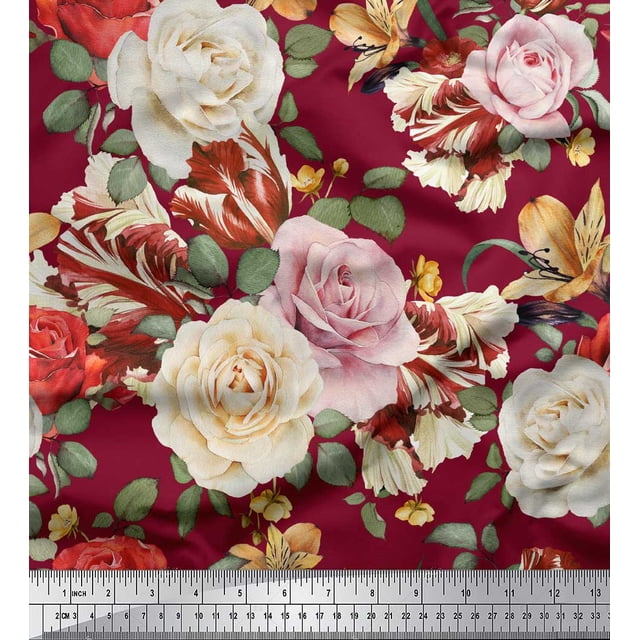 Soimoi Tissu Popeline de Coton Rouge Feuilles & Roses Imprimés Floraux au Mètre 42 Pouces de Large