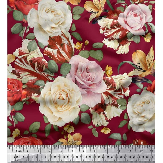 Soimoi Red Moss Georgette Fabric Leaves & Rose Floral Print Fabric by the Yard 42 Inch Wide