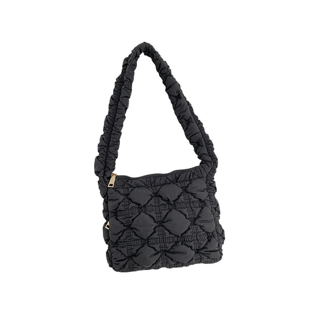 Bolso de hombro acolchado para mujer, tamaño mediano, tipo bollo de masa, para compras en la playa Negro