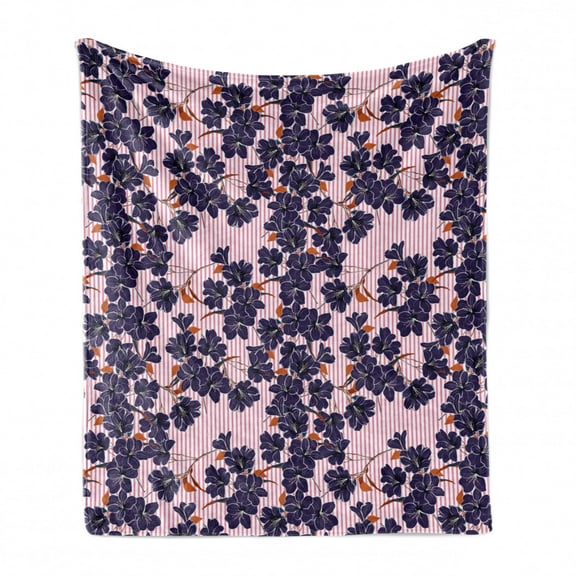 Botanical Soft Flannel Fleece Blanket, Spring Theme Floral Patterns Blooming Romantic Flowers with Stripes, Cozy Plush for Indoor and Outdoor Use, 60" x 80", Dark Purple Pink White, by Ambesonne