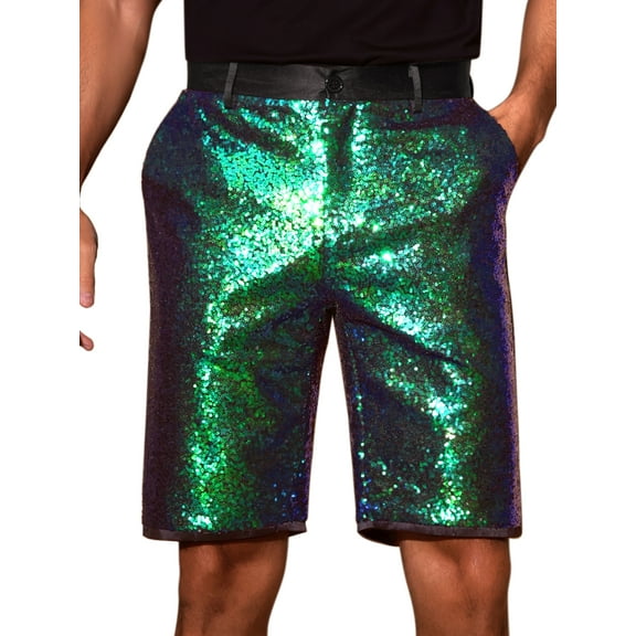 INSPIRE CHIC Men's Straight Leg Club Rave Party Metallic Sparkly Sequin Shorts 30 Green