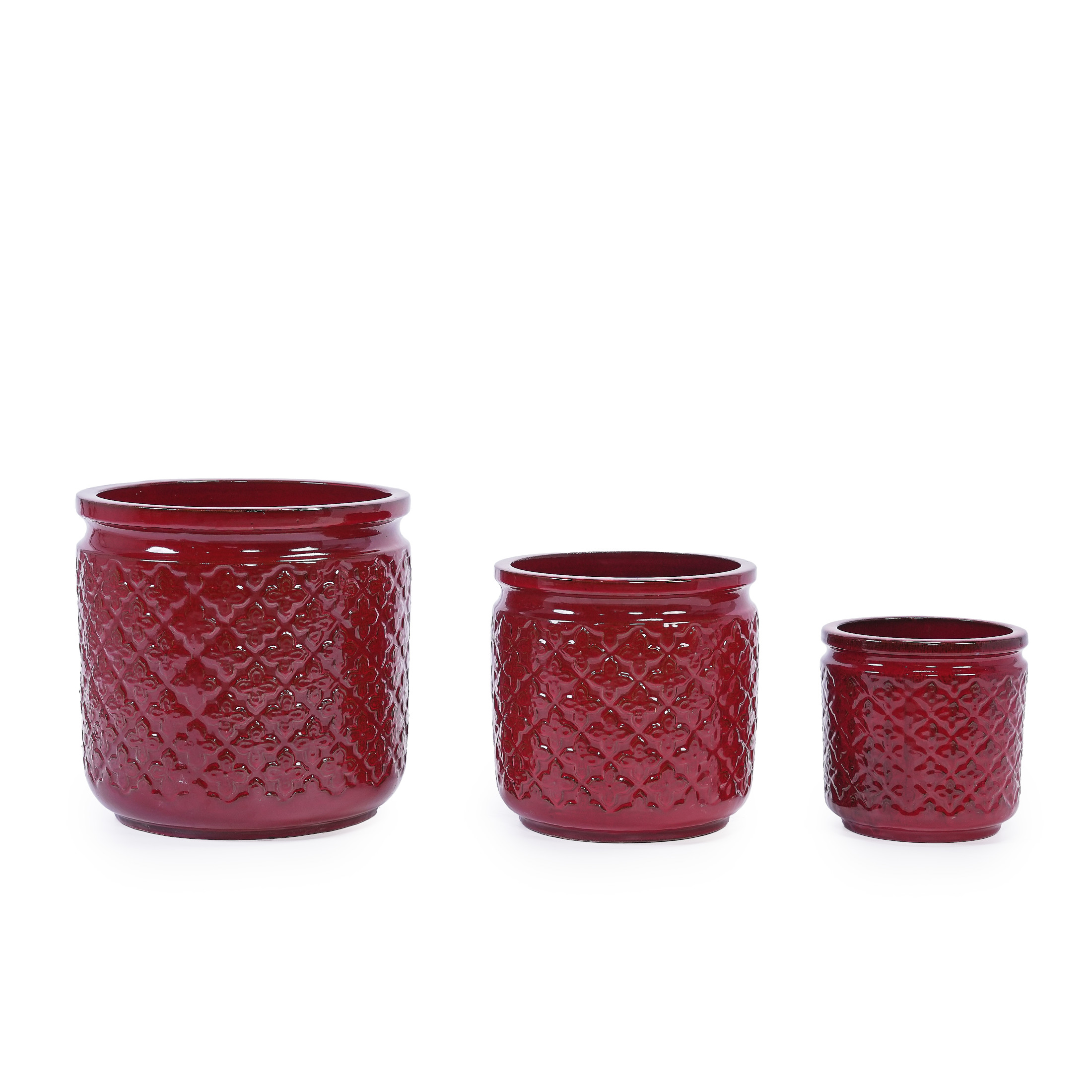 Noble House Modern Angela Ceramic Flowerpot Set, Glossy Finish with Drainage Hole Set of 3, Bean Paste Red