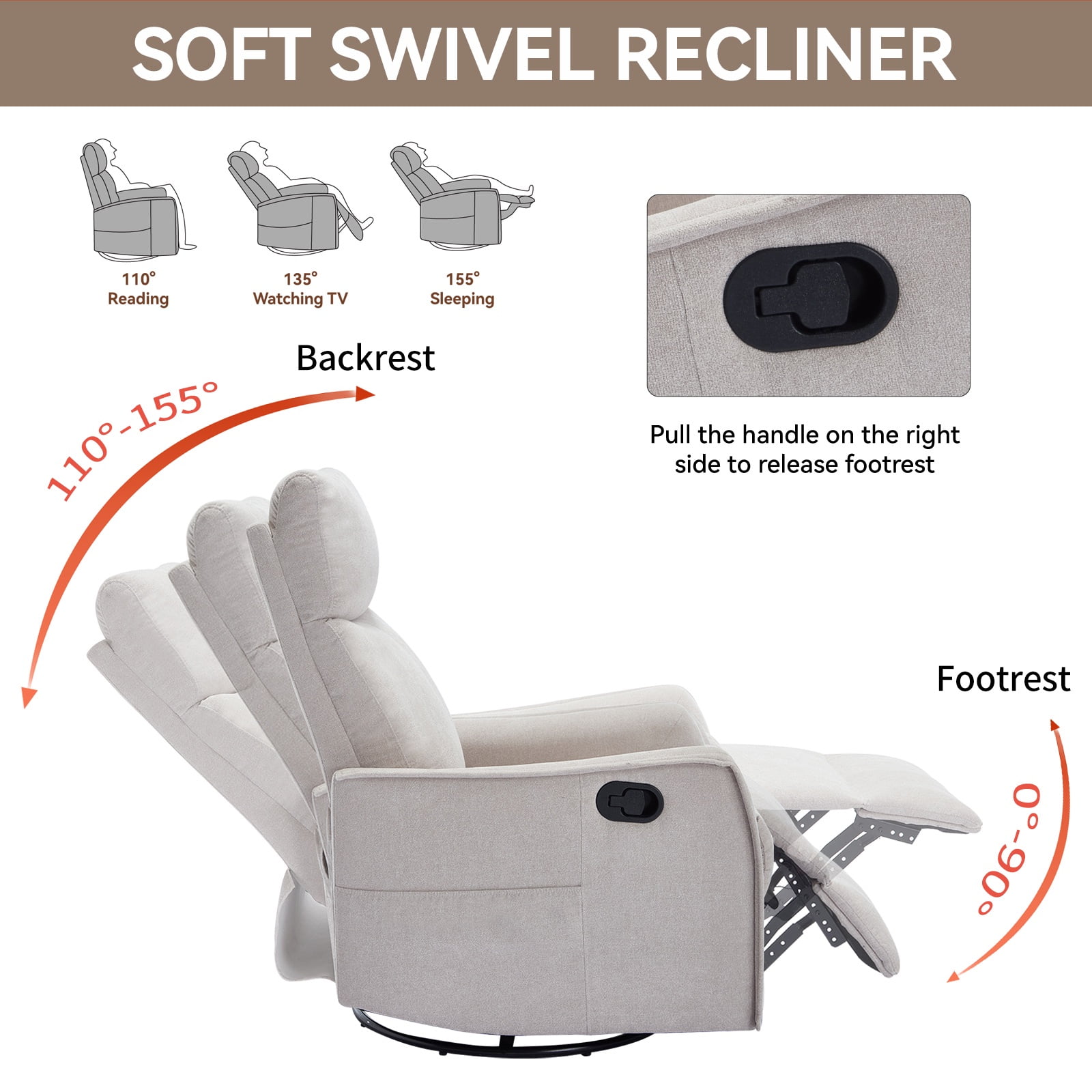 Bellemave Manual Recliner Chair with Massage and Heating Home Theater Recliner Rocking Chair Nursery Swivel and Rocker Chair with High Back in Fabric for Living Room, Bedroom (Beige)