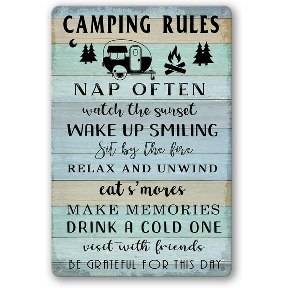 Metal Camping Rules Wall Sign Funny RV Cabin Decor 12 x 8 Inch
