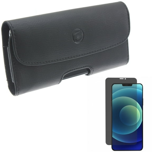 Case Belt Clip & Privacy Screen Protector for iPhone 12 Pro Max - Combo with Leather Holster Cover Loops & Tempered Glass Curved Anti-Spy Anti-Peep