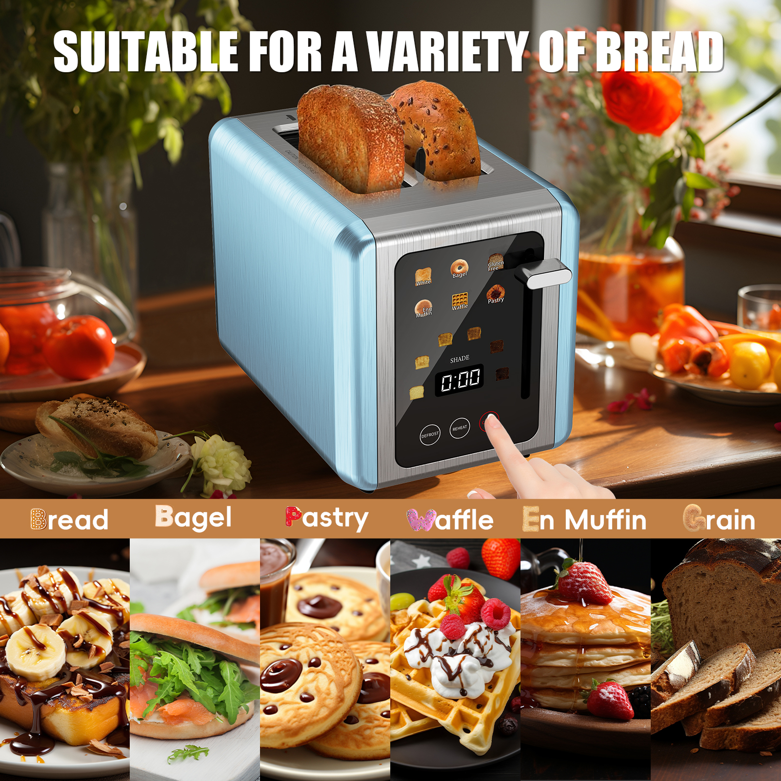 WHALLULTRA 2-Slice Touchscreen Toaster, Stainless Steel, 1.5" Wide Slots, Bagel/Defrost, 850W, Blue