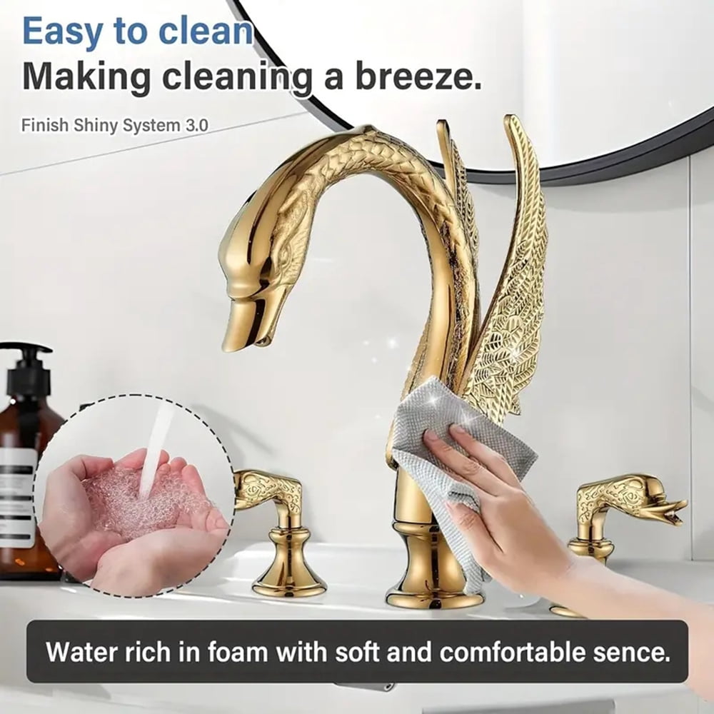 Gold Swan Bathroom Sink Faucet 3 Holes Dual Handle Basin Mixer Taps Deck Mounted
