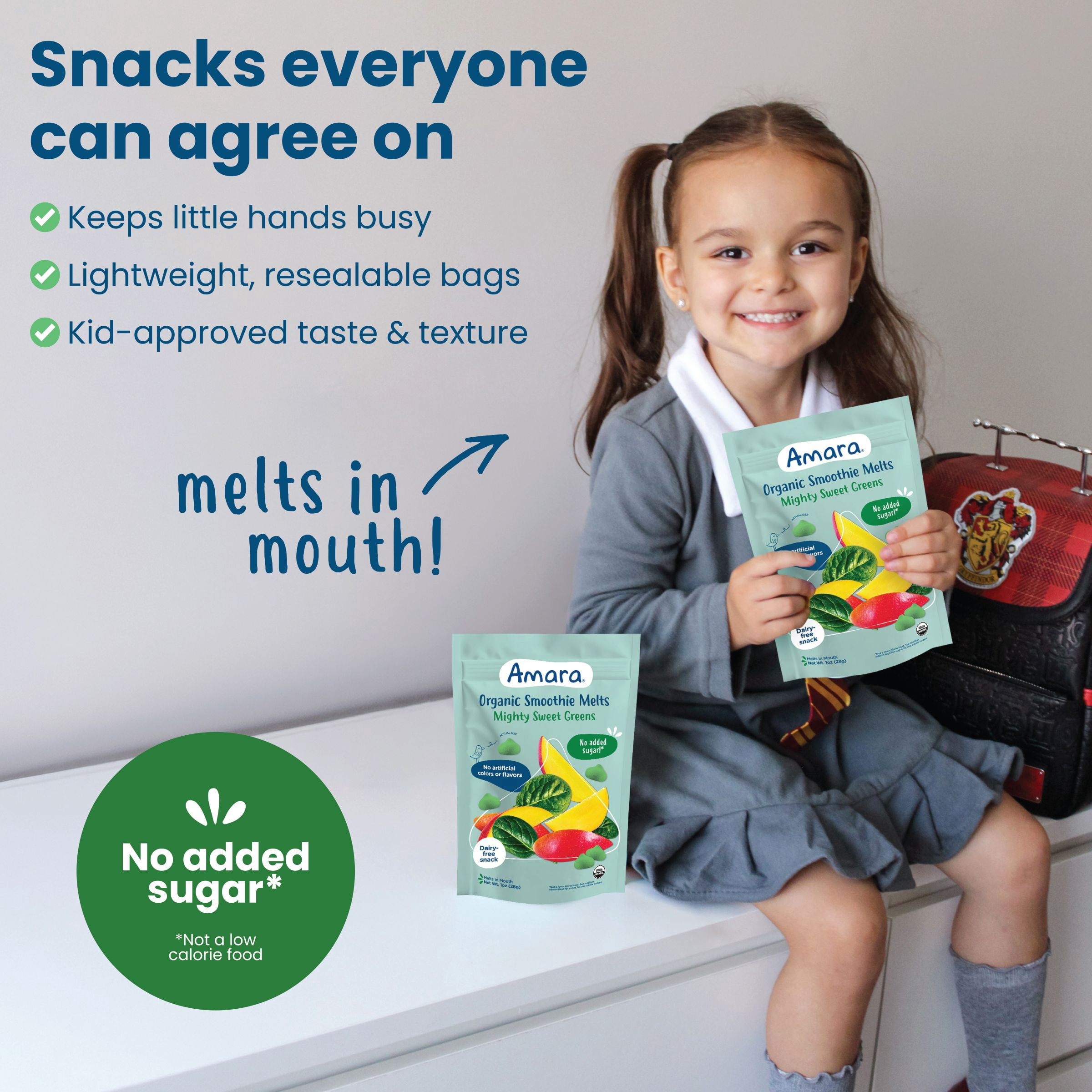 Amara Organic Smoothie Melts, Mighty Sweet Greens, Baby & Toddler Snacks, No Added Sugar, Stage 2, 1 oz Bag