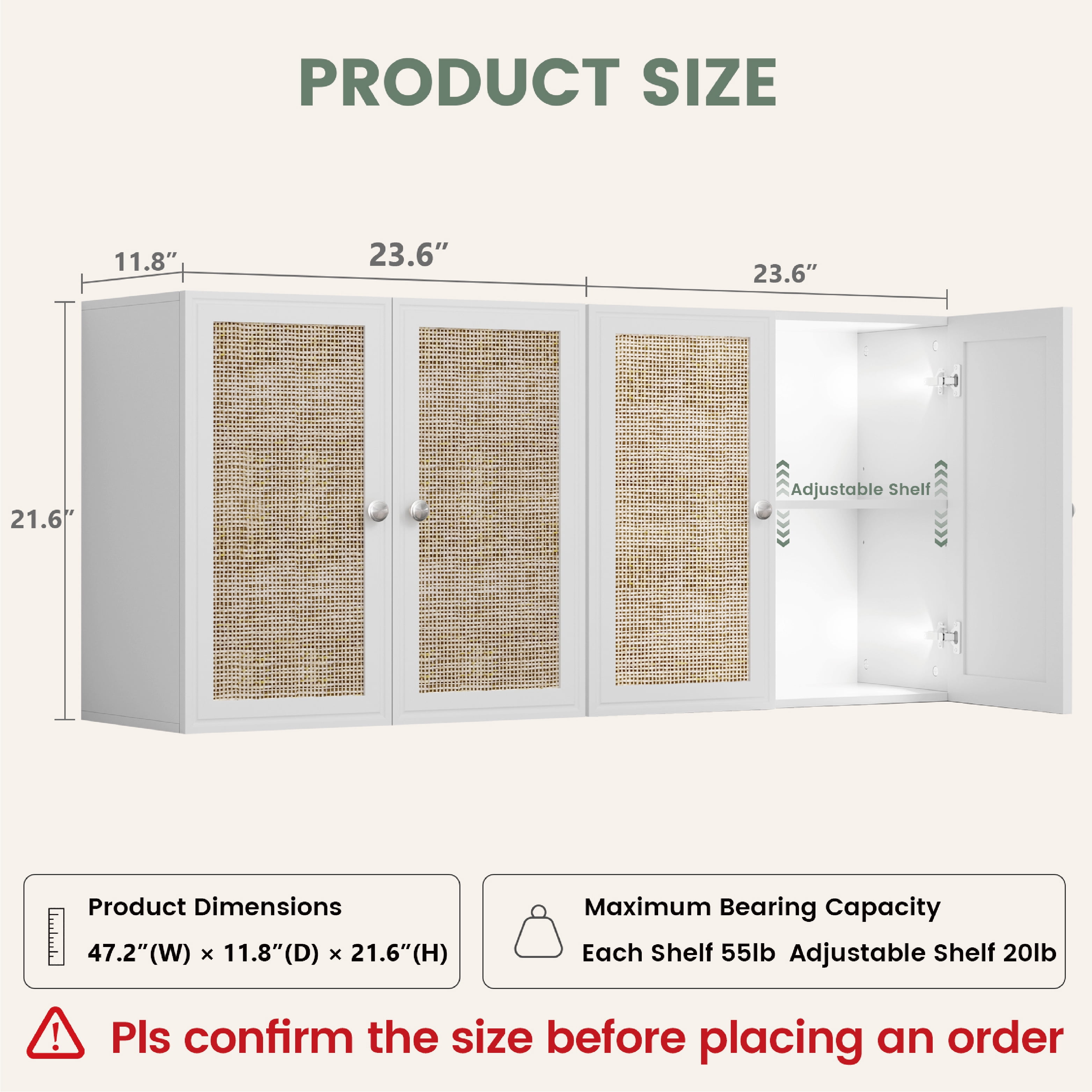 24"W Rattan Laundry Room Cabinets with Lights, Bathroom Cabinets Wall Mounted with Adjustable Shelves, Wall Cabinet for Bedroom/Kitchen/Bathroom (2PCS, White)