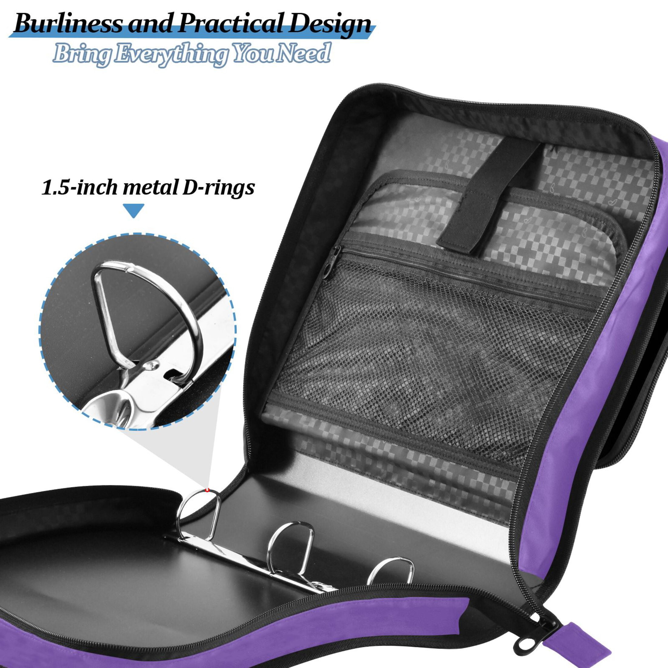 3 Ring Zipper Binder with Shoulder Strap Waterproof Trapper Keeper 2 Inch D-Ring 500 Sheets Capacity Purple