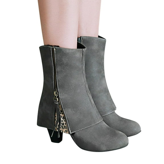 Chenyee Women's Mid Calf Boots Zip Up Leather Pointed Toe Low Block Heel Fold Over Booties