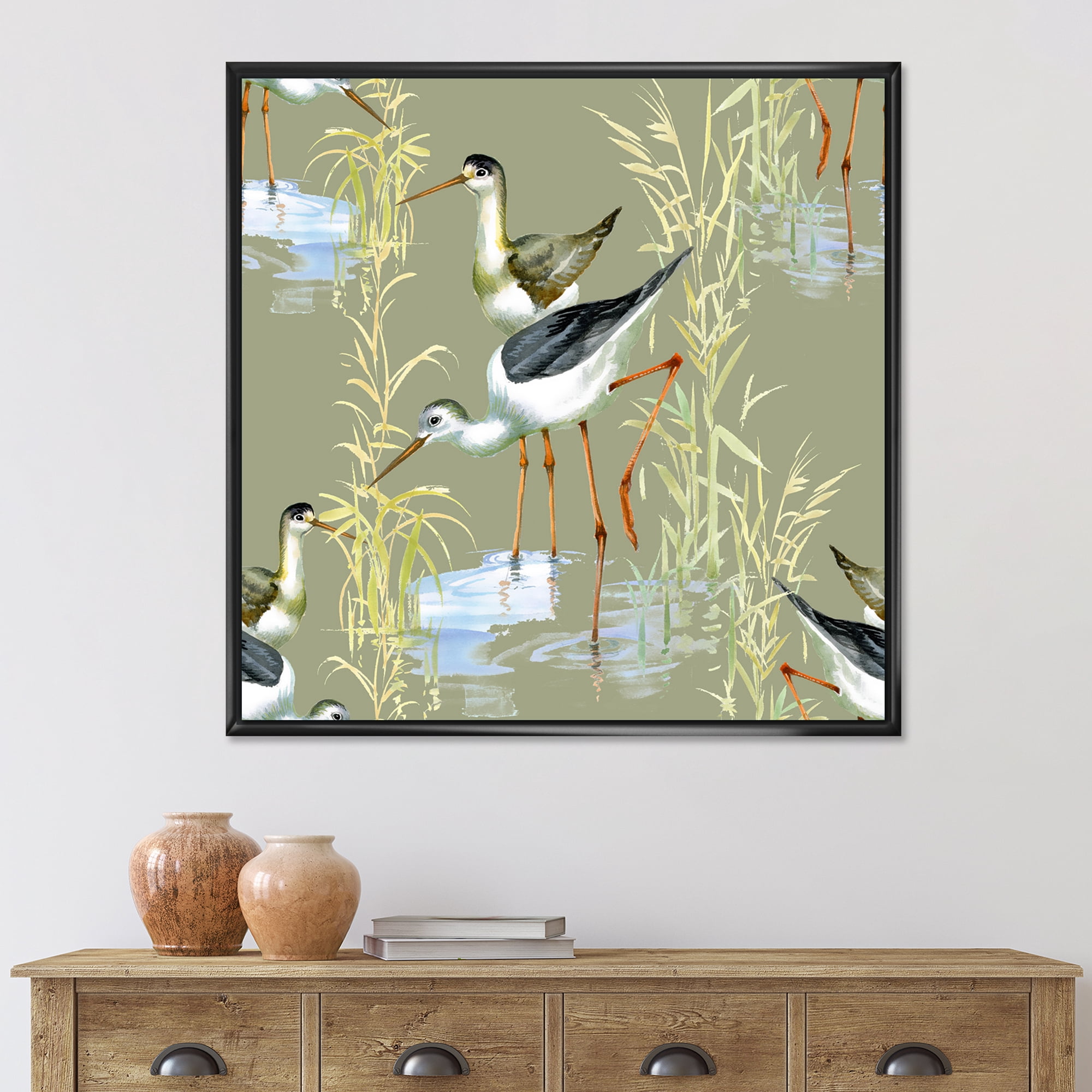 Designart 'Herons Birds In The Gray Water' Farmhouse Framed Canvas Wall Art Print