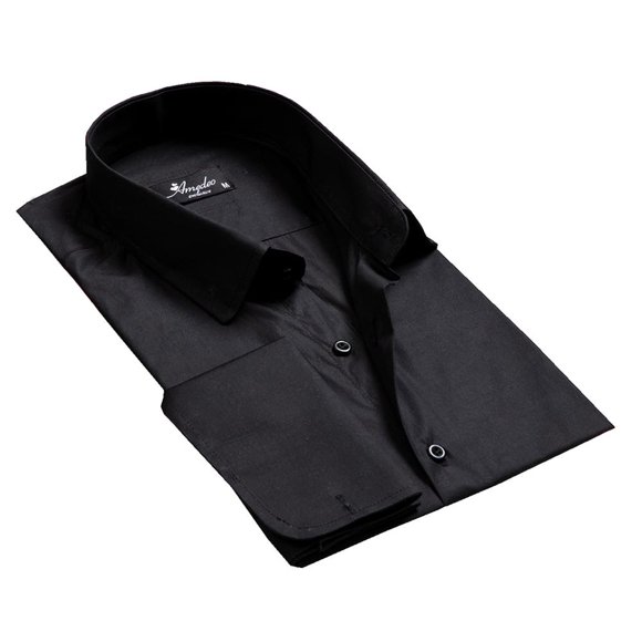Amedeo Exclusive Chemises Habillées pour Hommes Noires Unies Coupe Ajustée à Poignets Français avec Trous pour Boutons de Manchette - Décontractées et Formelles, Moyen