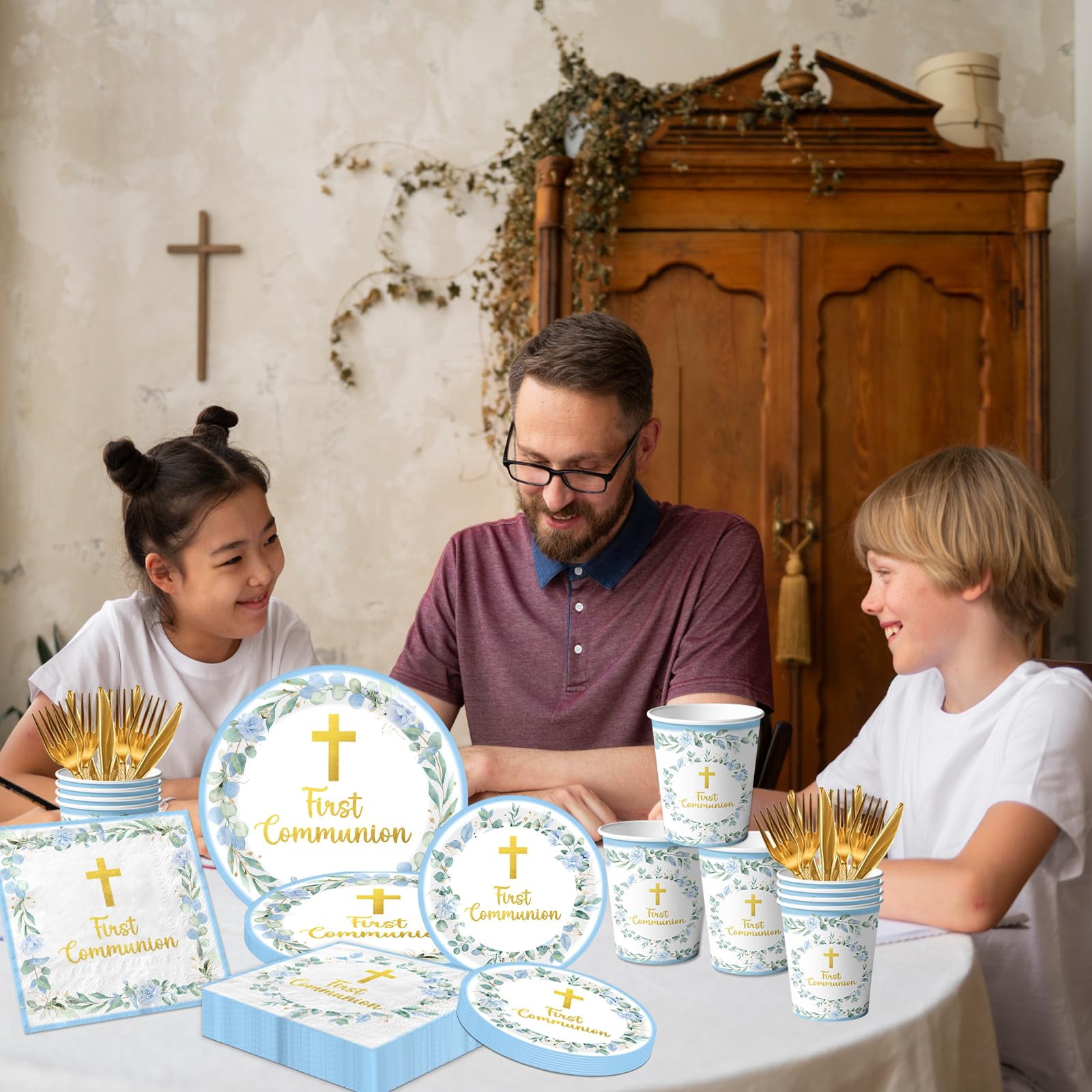 Communion Decorations – Includes 9" & 7" Plates, Napkins, Cups, Cutlery, Serves 25, for First Holy Communion, Baptism, Primera Comunion Party, Available in Pink, Blue, or Green