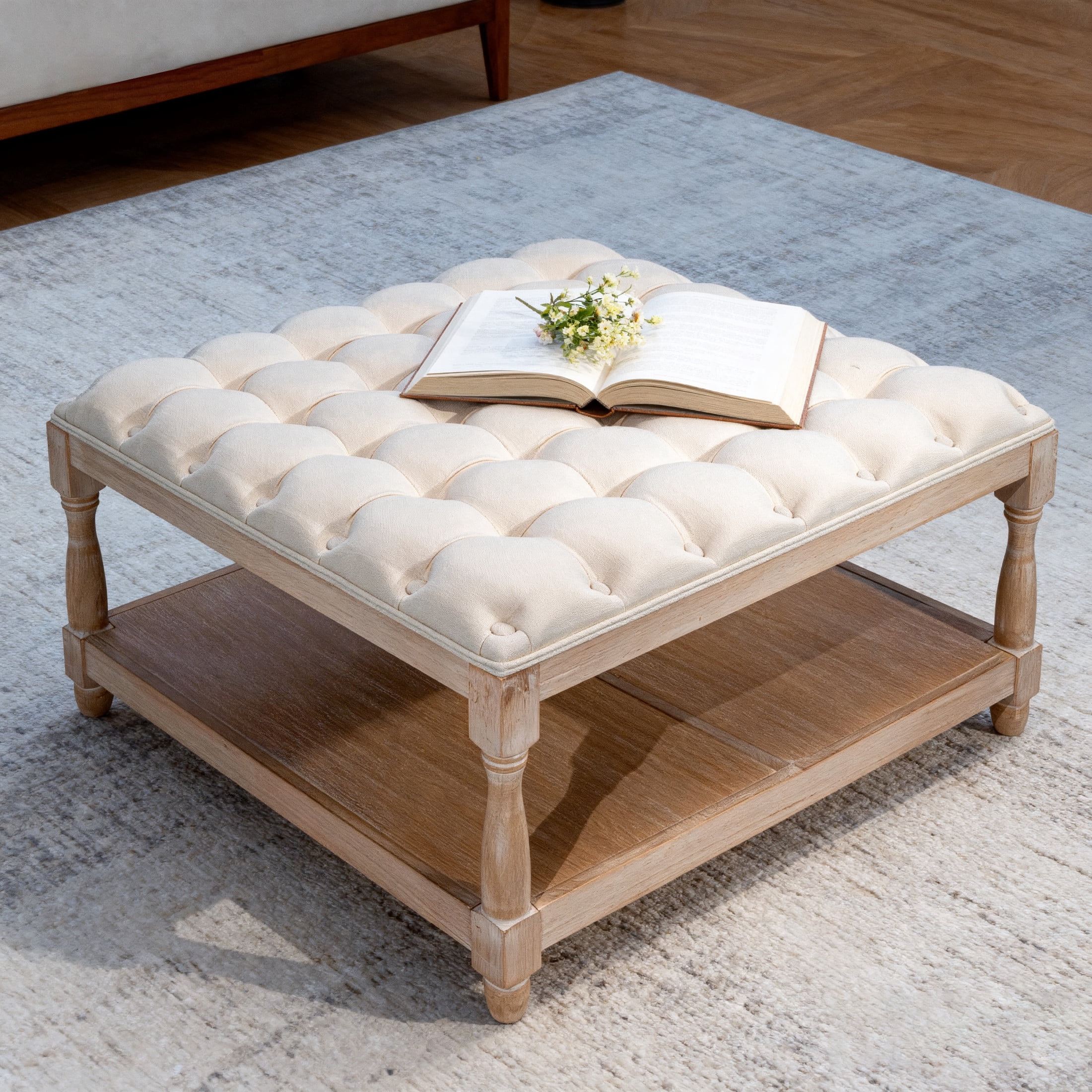 Noble House 33" Large Square Tufted Storage Ottoman Coffee Table with Storage Shelf and Solid Wood Base, Beige
