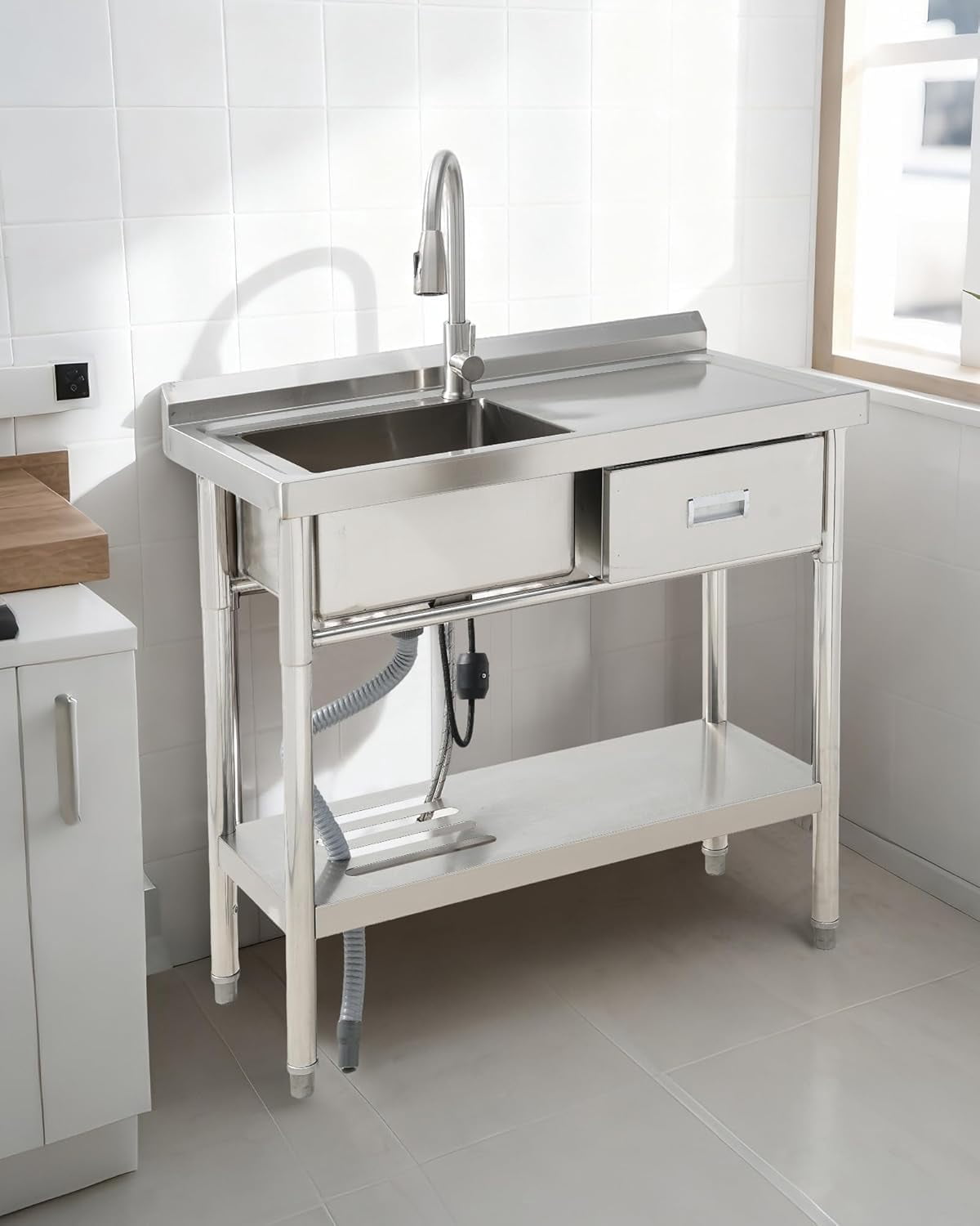 Accreate 39 Inch Single Bowl Stainless Steel Utility Sink, Free Standing Unit with Drawer, Workbench, Storage Rack, Faucet & Full Plumbing Set