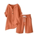 thumbnail image 5 of Costeam Womens Crinkled Gauze 2 Piece Casual Outfit Half Button V Neck Roll Sleeve Tops Elastic Drawstring High Waist Shorts with Side Pockets Breathable Summer Loungewear Matching Sets, 5 of 5