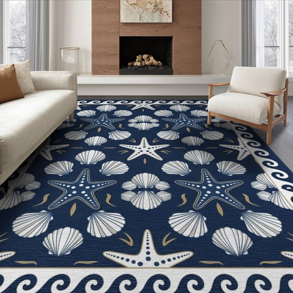 ODIKA 8'x10' Washable Area Rug Durable, Non-Slip Wave Seashell Border Bathroom Coral Reef Starfish Ocean Nautical Playful for Living Room, Under Sectional, Family