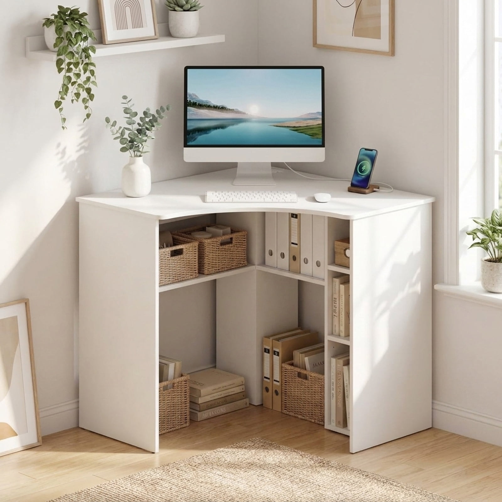 Furnibear Corner Computer Desk with Adjustable Shelf and Arc-Shaped Profile Triangle Home Office Desk with Open Shelves for Study, White