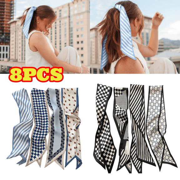 8pcs Hair Scarf for Women, 34" x 2.5" Lightweight Silk Headband, Satin Purse & Bag Hair Accessories