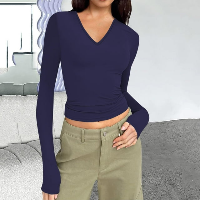 Qertyioot Mode Femmes Couleur Col Manches Longues T-Shirt Tricoté Blouse Ajustée Hauts