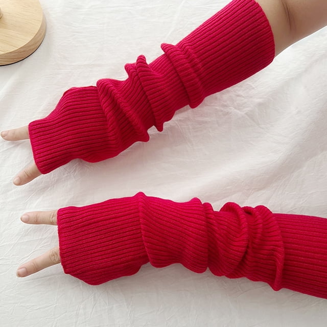 Jusqu'à 10 $ Gants Mitaines Rouges Gants en Laine Tricotée Automne Hiver Nouveaux à Doigts Ouverts Écran Chauds Couleur Unie Gants à Manches Longues