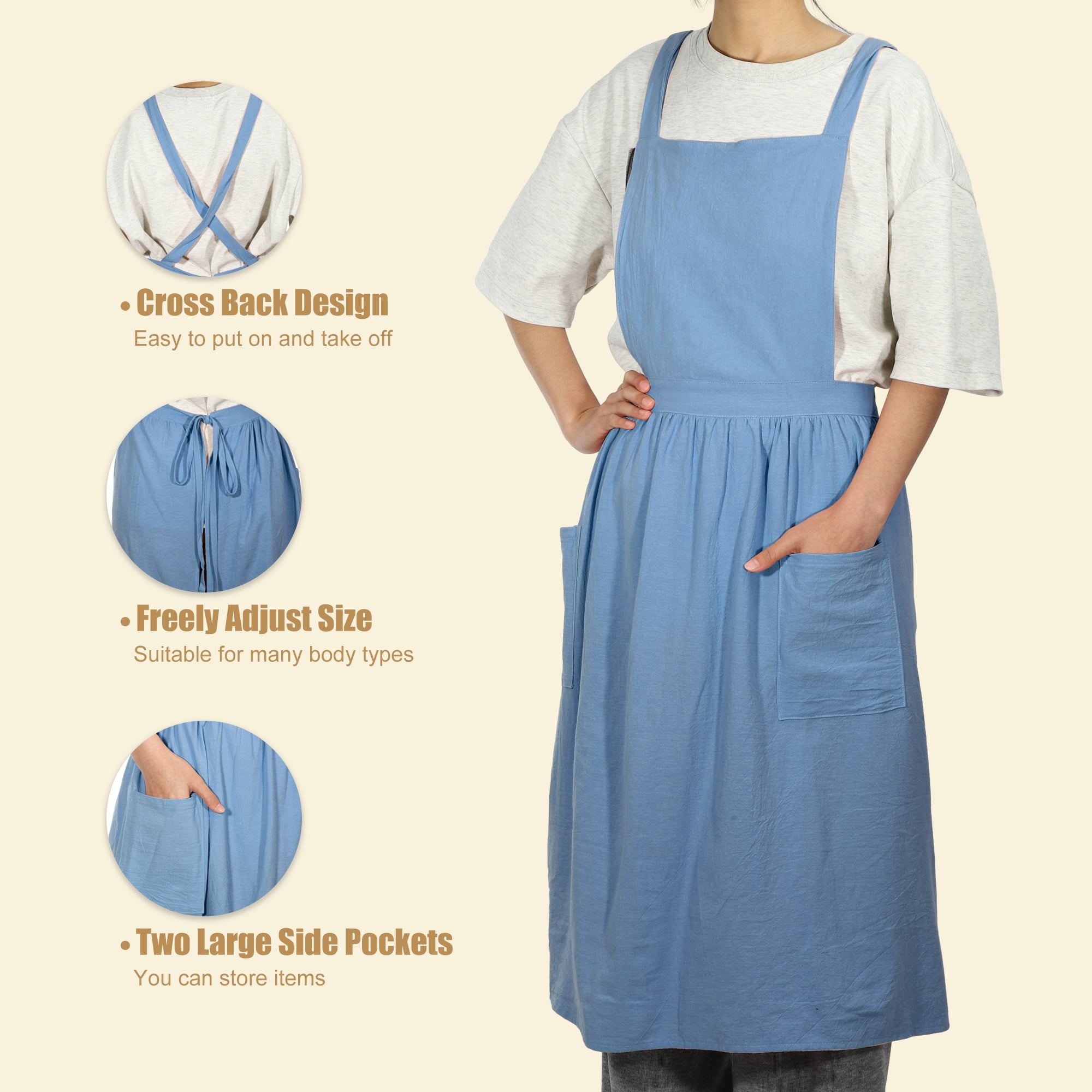 Unique Bargains Cotton Linen Cross Back Apron with Pockets Blue