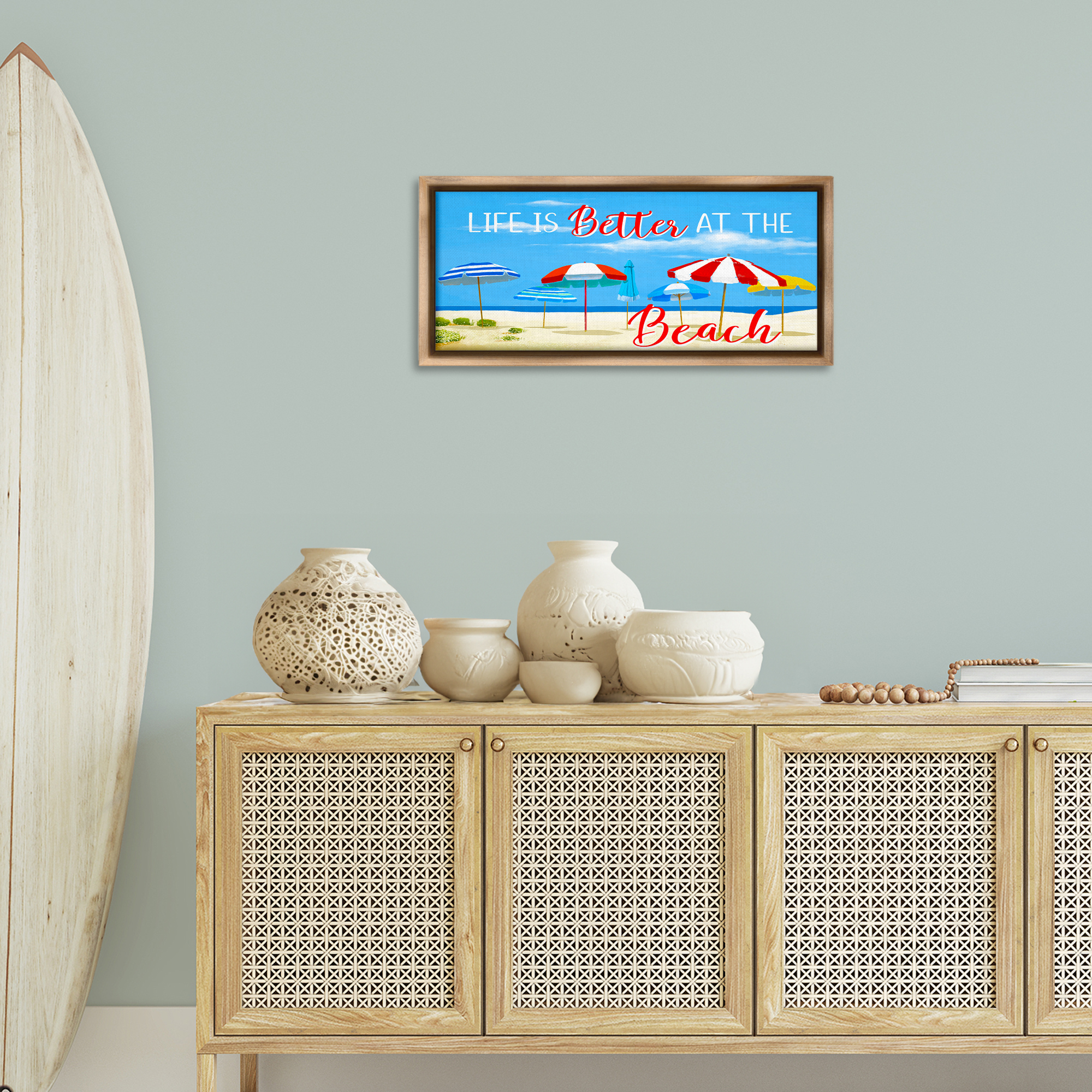 Stupell Industries Better At Beach Scene Landscape Painting Brown Floater Framed Canvas Art Print Wall Art, 31 x 14