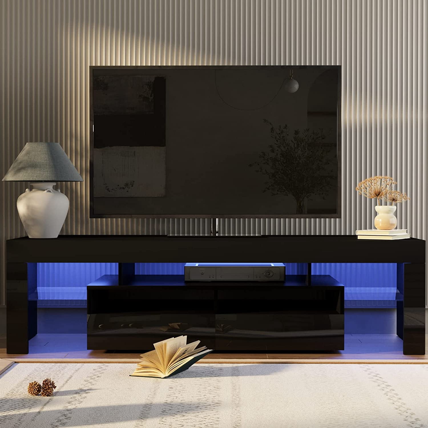 PWFE LED Light TV Stand for 55/60/65 inch TV, Modern Gloss Entertainment Center with Drawer and Glass Open Shelf, TV Console Table for Living Room, Black