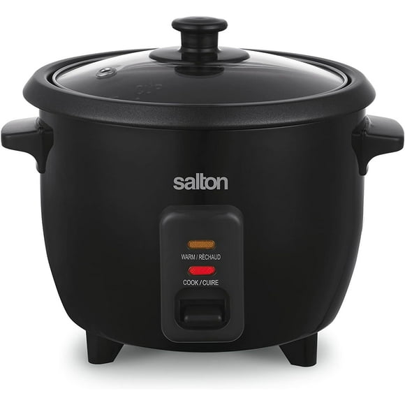 Salton 6-Cup Automatic Rice Cooker | Bonus Food Steaming Basket | Keep Warm Function | Ideal for Rice, Quinoa, and Oatmeal | 300W | Includes Non-Stick Rice Bowl, Measuring Cup & Spatula | Black