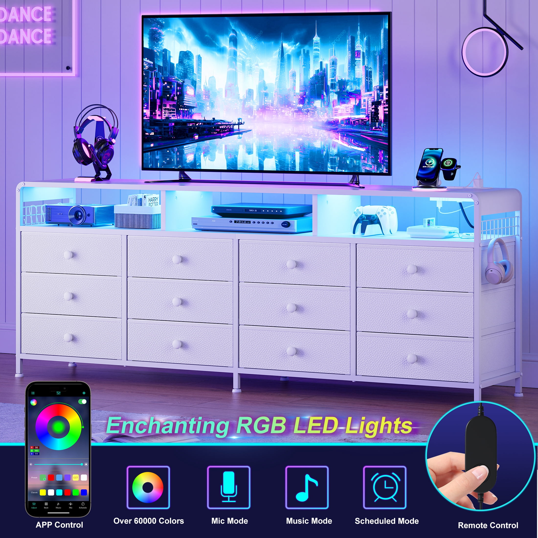 GUNAITO TV Stand for TVs up to 75", Big TV Stand with 12 Fabric Drawers and LED Lights, Entertainment Center with Storage and Shelves for Living Room, White