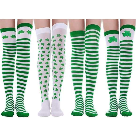Jovitec 4 Pairs St. Patrick's Day Shamrock Clover Knee Socks Irish White and Green Stripe High Socks for Costume, 4 Styles (Color Set 2)