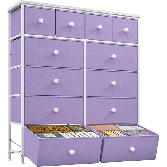 Tall Dressers for Bedroom with 12 Drawers, Fabric Storage Dressers & Chests of Drawers, Sturdy Metal Frame, Wood Top, Closet, Entryway, Bedroom Furniture (Purple)