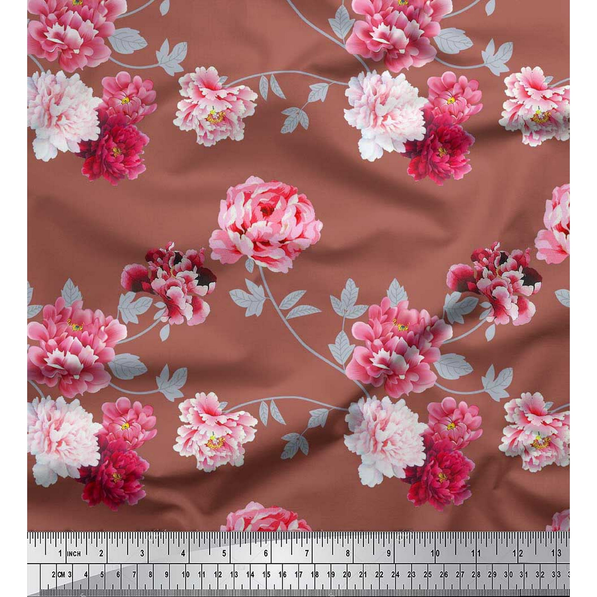 Soimoi Violet Satin Lourd En Tissu Feuilles Et Rose Alba Floral Tissu Imprime 1 Metre 56 Pouce Large