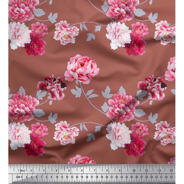Soimoi Japan Crepe Satin Fabric Roses & Leaves Floral Print Fabric by The Yard 42 Inch Wide
