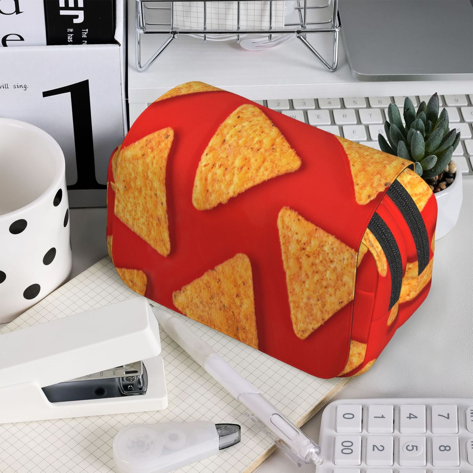 Rateoe Tortilla chips Pattern Double Clamshell Pen Case, Storage Organizer with Two Zipper Compartments– Holds Up to 50 Pencils & Pens