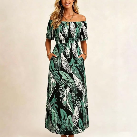 NTACZA Womens Summer Dresses Casual Hawaiian Sundress Tropical Maxi A-Line Elastic Waist Short Sleeve Boat Neck Vacation Size L