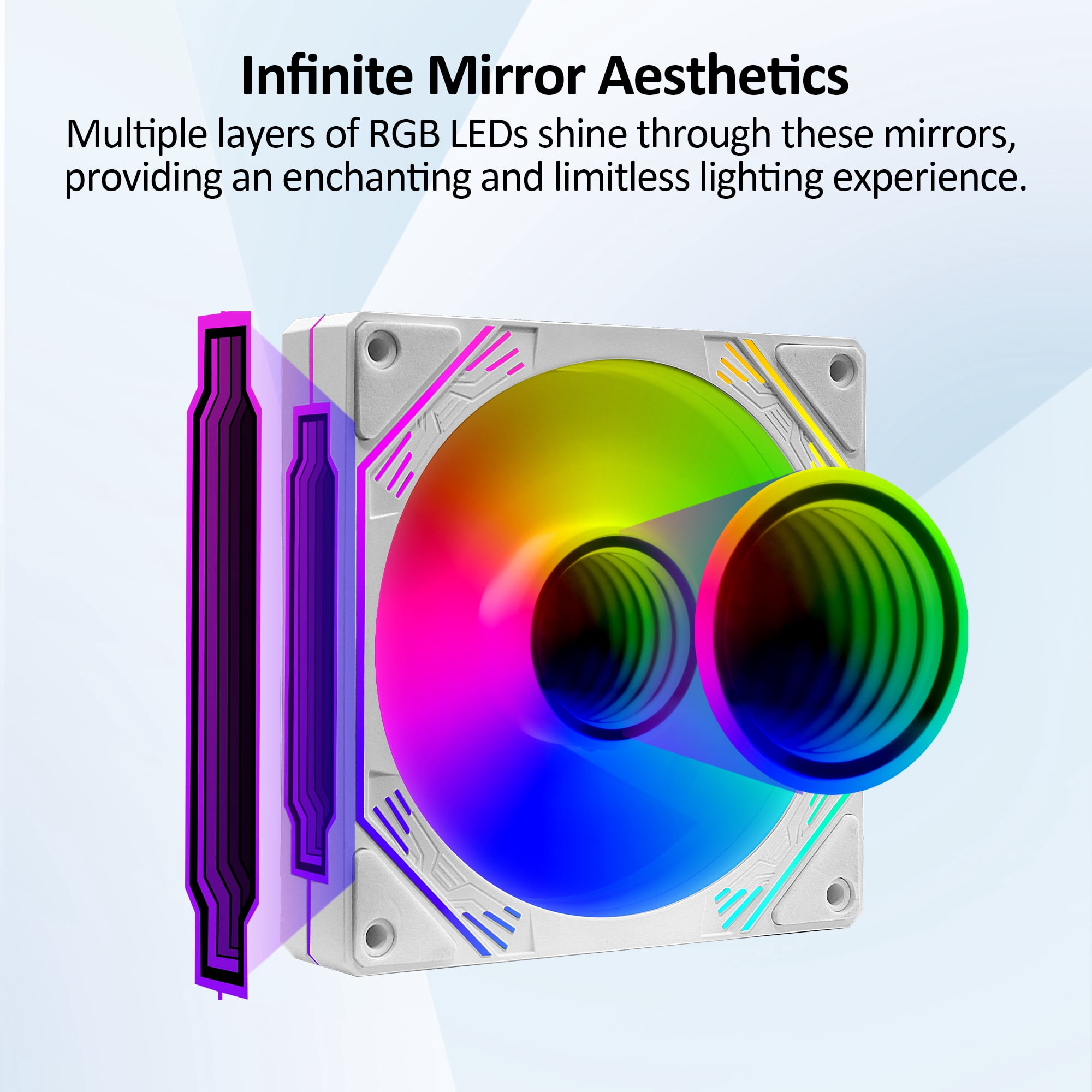 PANO-MOUNTS 120mm Reverse Airflow ARGB Fan Infinity Mirror 5V 3Pin Addressable RGB PWM PC Computer Water Cooler CPU Case Fan 600-1800RPM White 3-Pack
