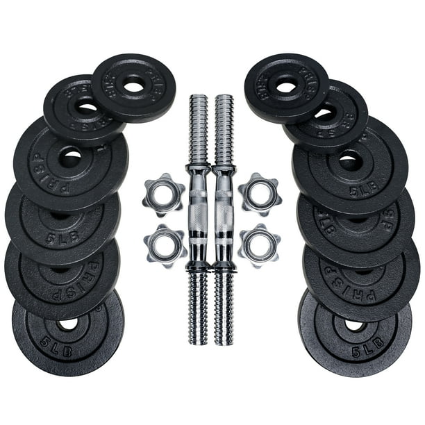 PRISP Adjustable Weight Dumbbells Set Includes 2 Bars Cast Iron Plates And Threaded Collars 60 Lbs